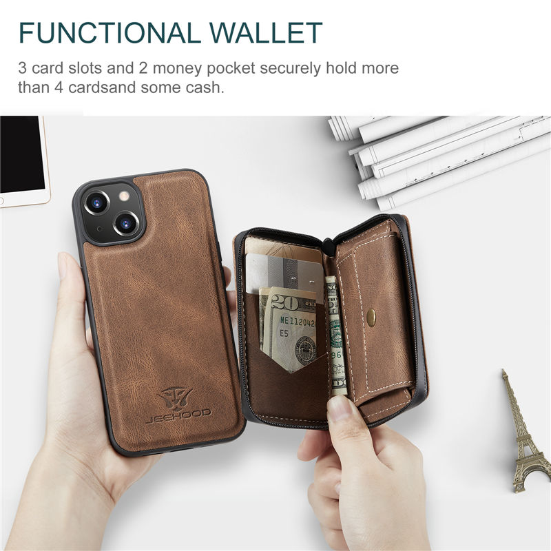 JEEHOOD iPhone 13 Detachable 2-in-1 Zipper Wallet Case