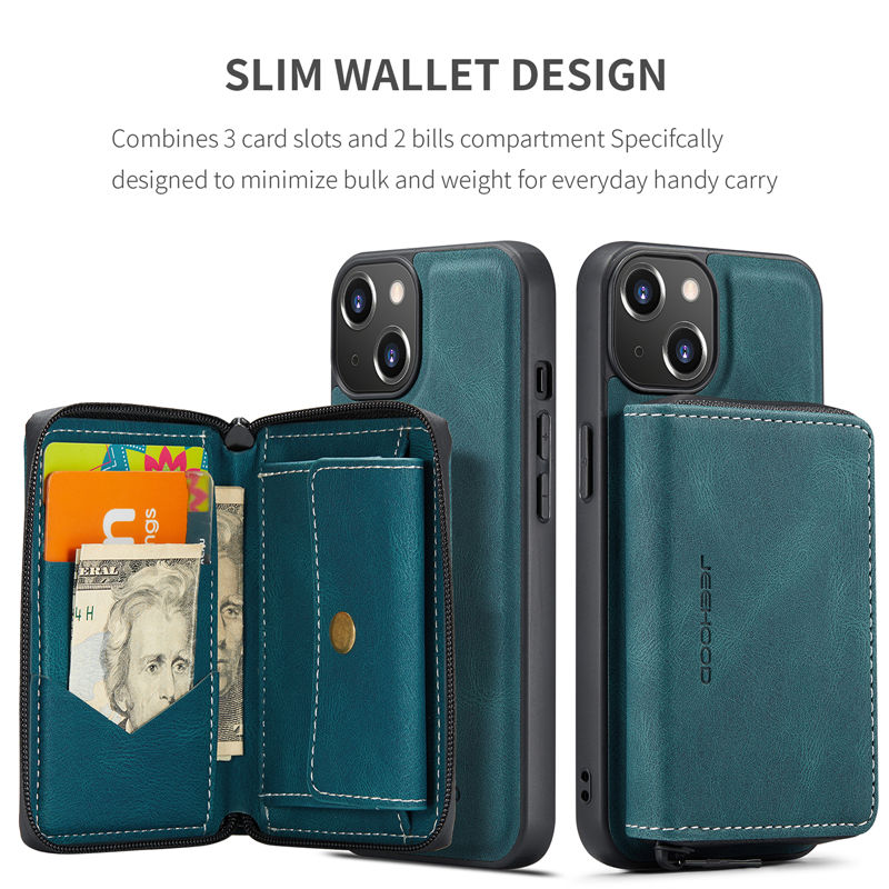 JEEHOOD iPhone 13 Detachable 2-in-1 Zipper Wallet Case