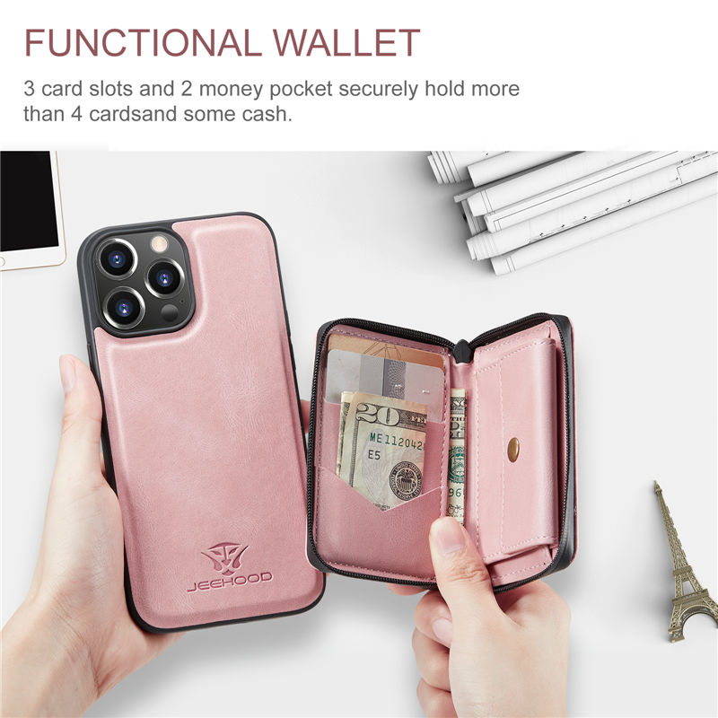 JEEHOOD iPhone 13 Pro Detachable 2-in-1 Zipper Wallet Case