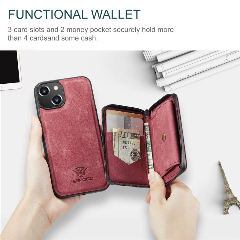 JEEHOOD iPhone 14 Detachable 2-in-1 Zipper Wallet Case