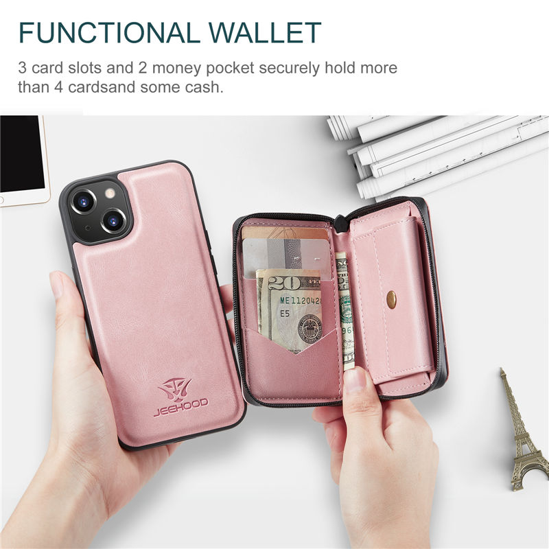 JEEHOOD iPhone 14 Plus Detachable 2-in-1 Zipper Wallet Case