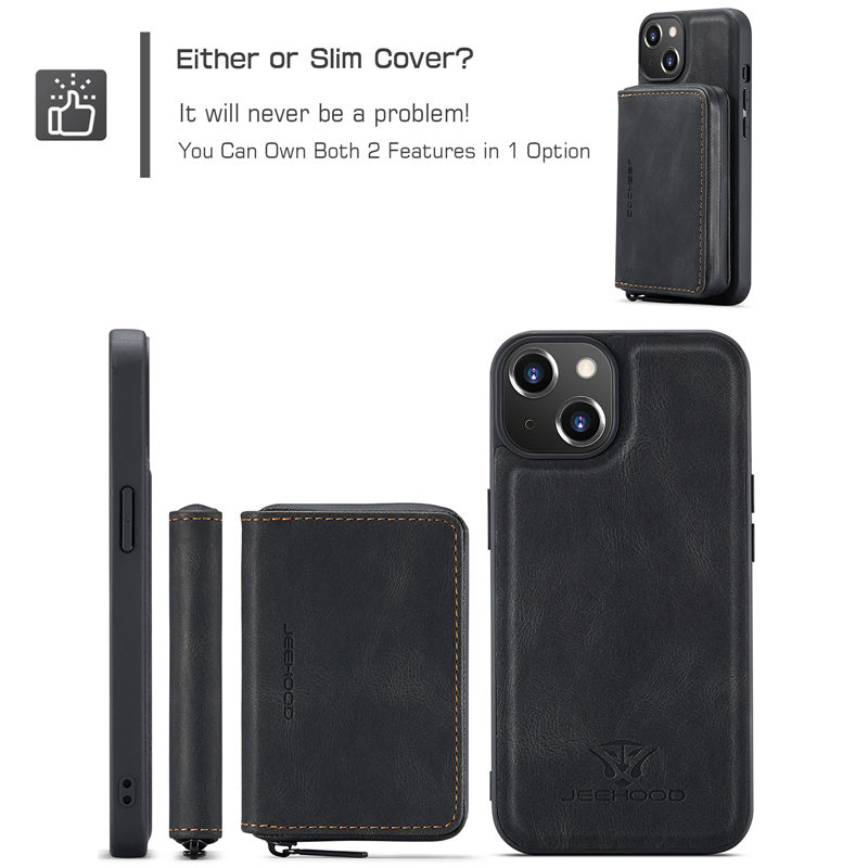 JEEHOOD iPhone 14 Detachable 2-in-1 Zipper Wallet Case