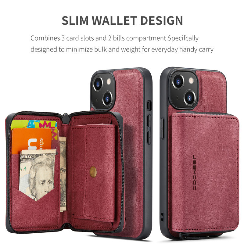 JEEHOOD iPhone 14 Plus Detachable 2-in-1 Zipper Wallet Case