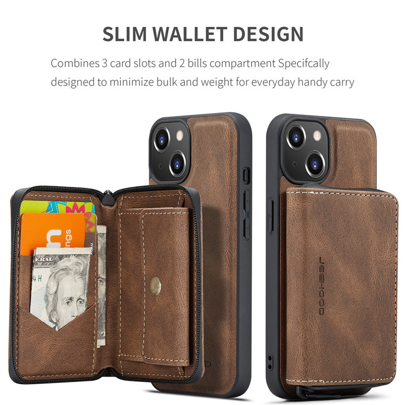 JEEHOOD iPhone 14 Detachable 2-in-1 Zipper Wallet Case