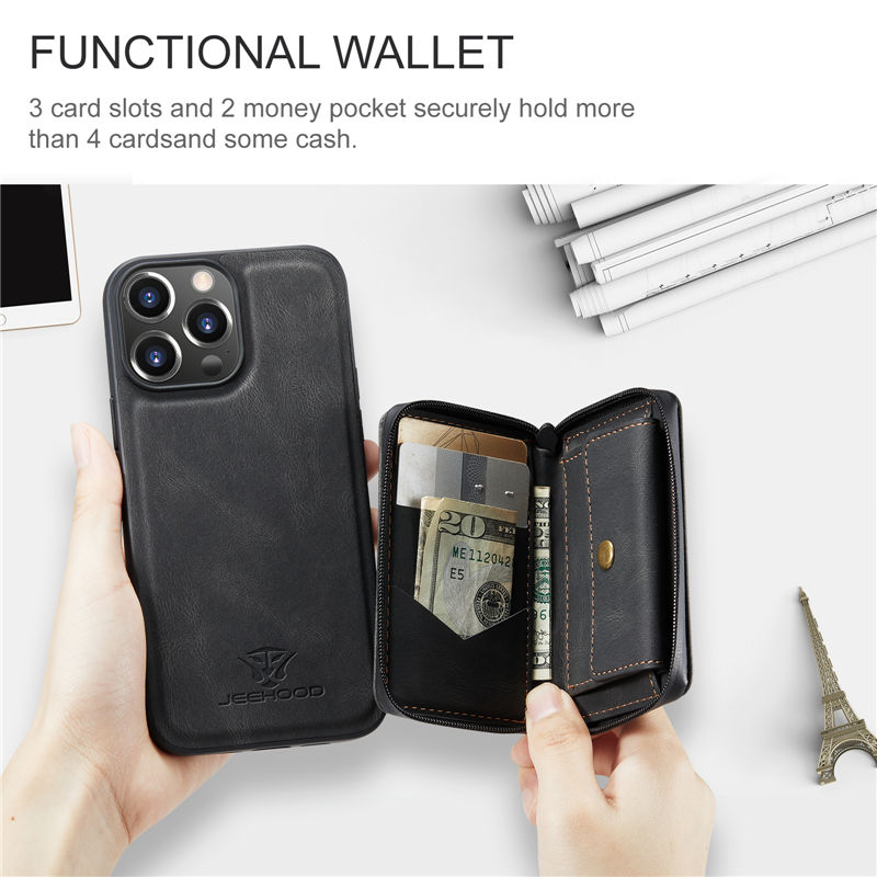 JEEHOOD iPhone 14 Pro Detachable 2-in-1 Zipper Wallet Case