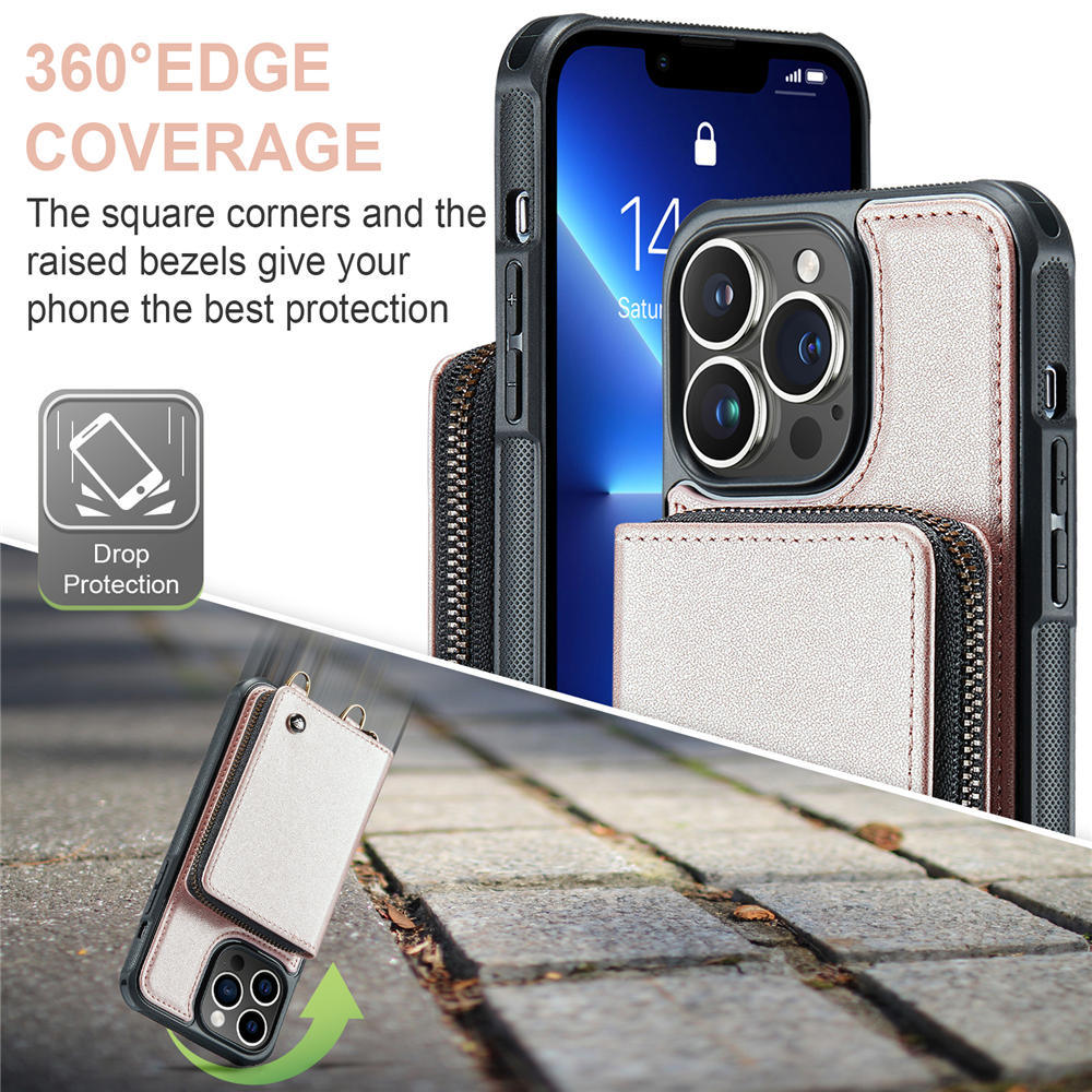 JEEHOOD iPhone 13 Pro Max Zipper Purse Case with Wrist Strap