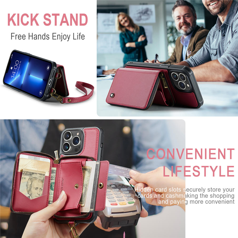 JEEHOOD iPhone 13 Pro Max Zipper Purse Case with Wrist Strap