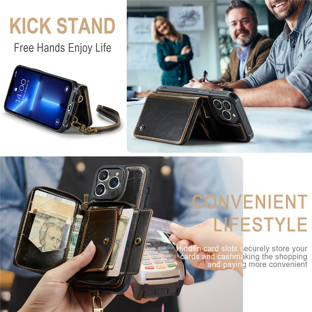 JEEHOOD iPhone 13 Pro Zipper Purse Case with Wrist Strap