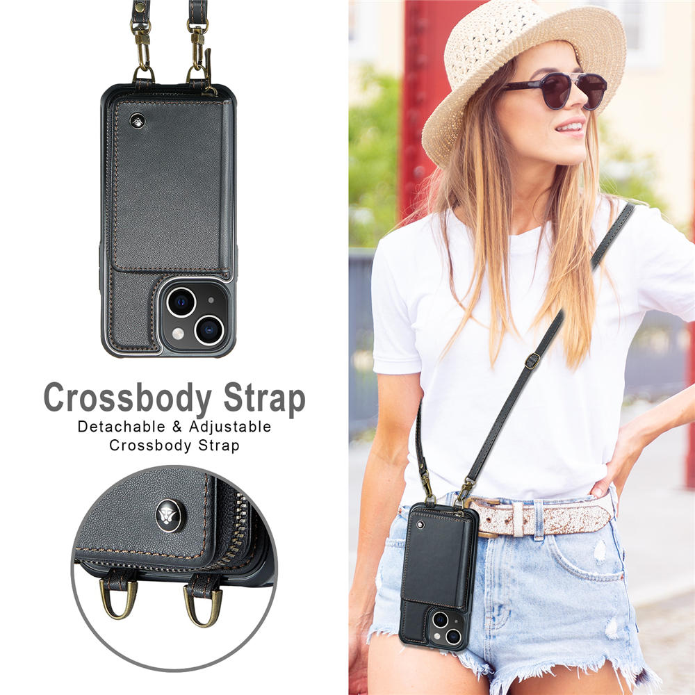 JEEHOOD iPhone 14 Zipper Purse Case with Wrist Strap