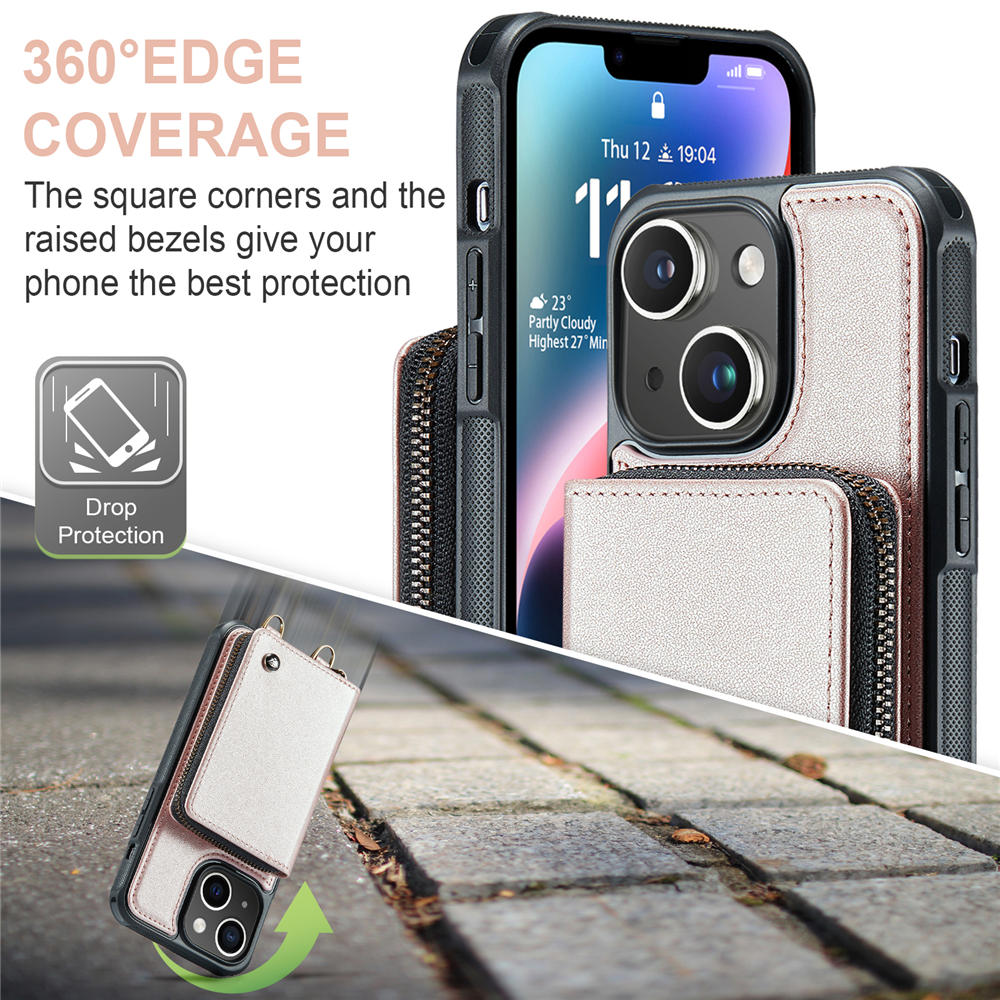 JEEHOOD iPhone 14 Zipper Purse Case with Wrist Strap