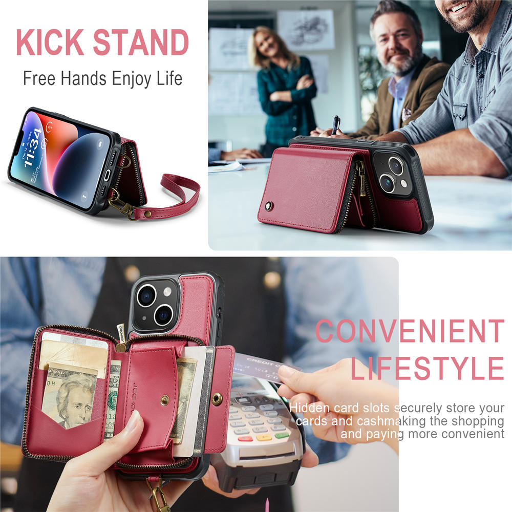 JEEHOOD iPhone 14 Zipper Purse Case with Wrist Strap