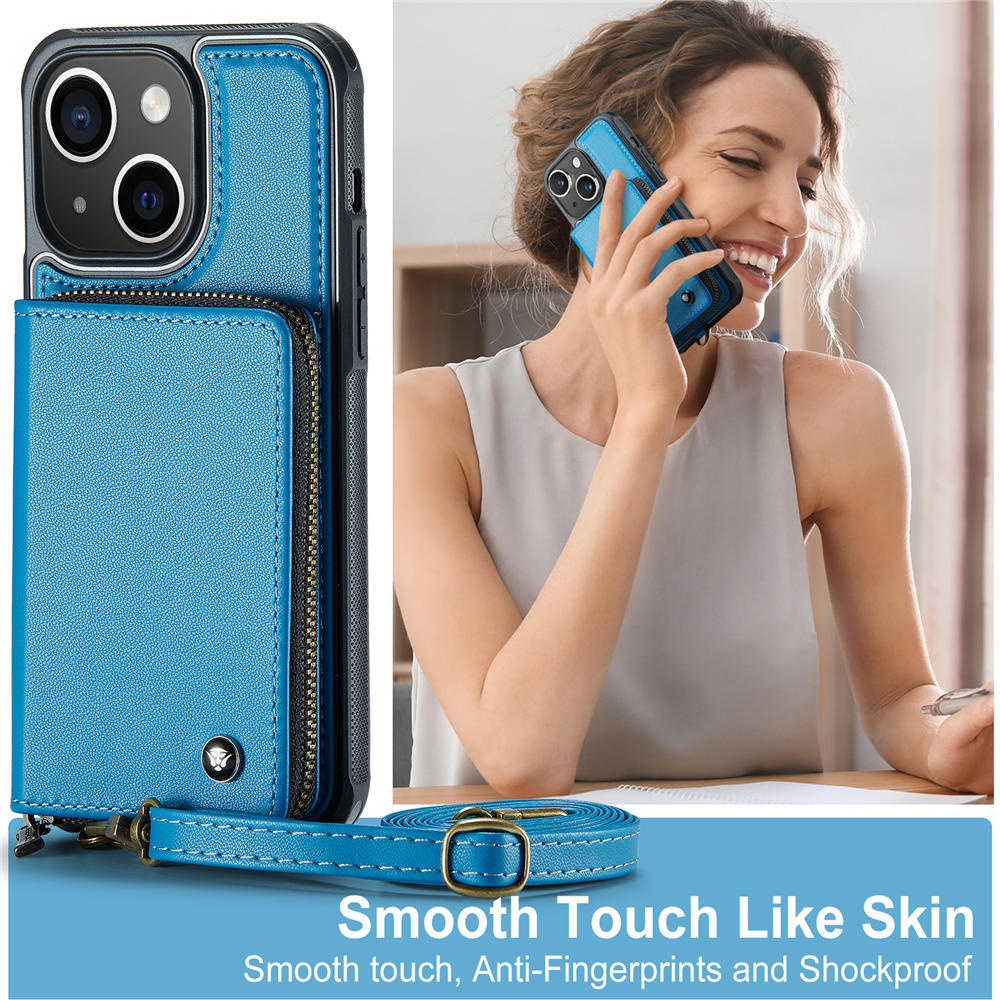 JEEHOOD iPhone 14 Zipper Purse Case with Wrist Strap