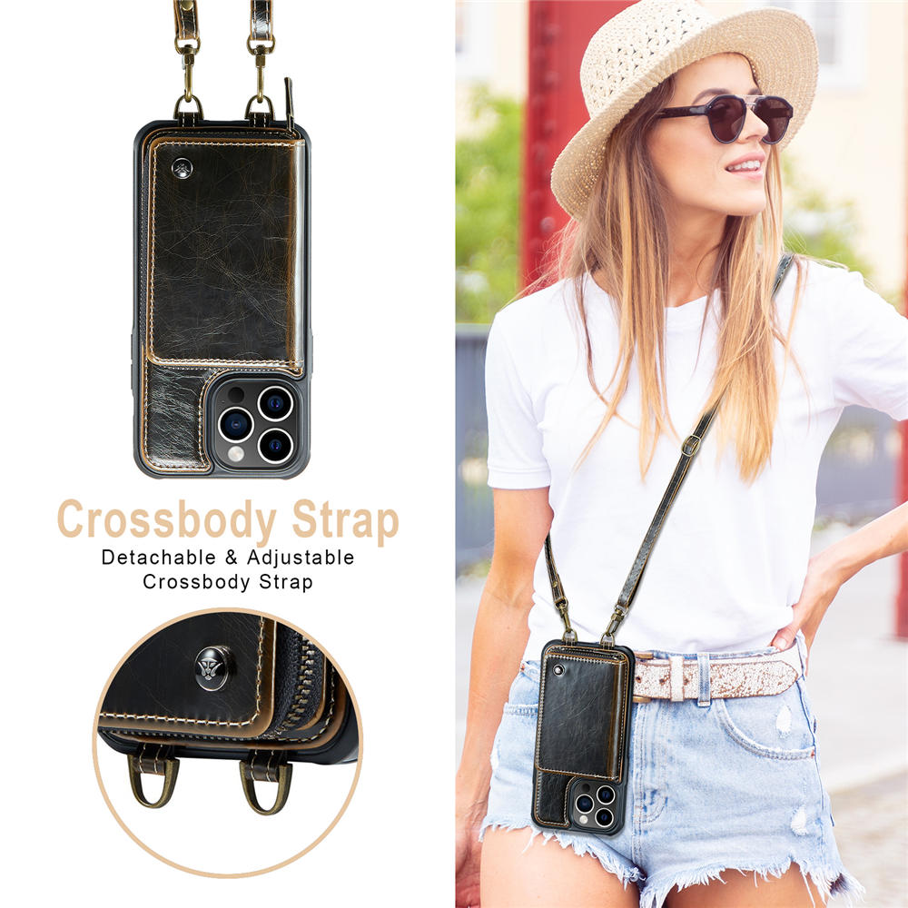 JEEHOOD iPhone 14 Pro Zipper Purse Case with Wrist Strap