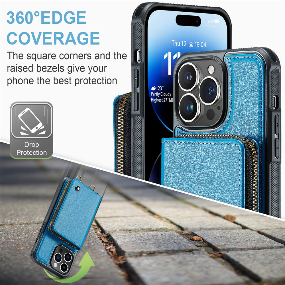 JEEHOOD iPhone 14 Pro Max Zipper Purse Case with Wrist Strap