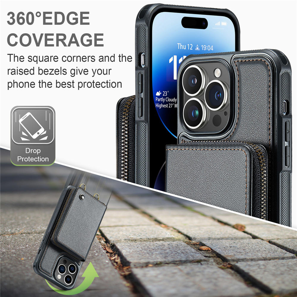 JEEHOOD iPhone 14 Pro Zipper Purse Case with Wrist Strap