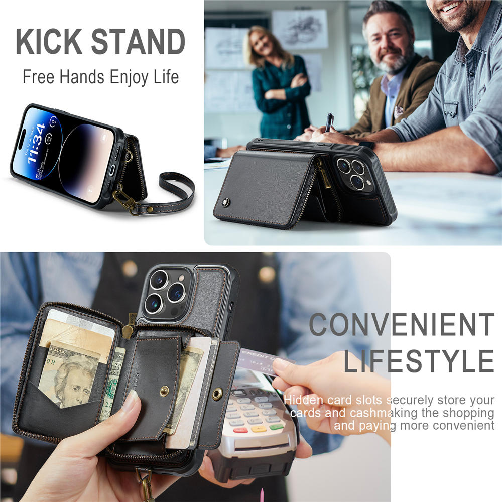 JEEHOOD iPhone 14 Pro Max Zipper Purse Case with Wrist Strap