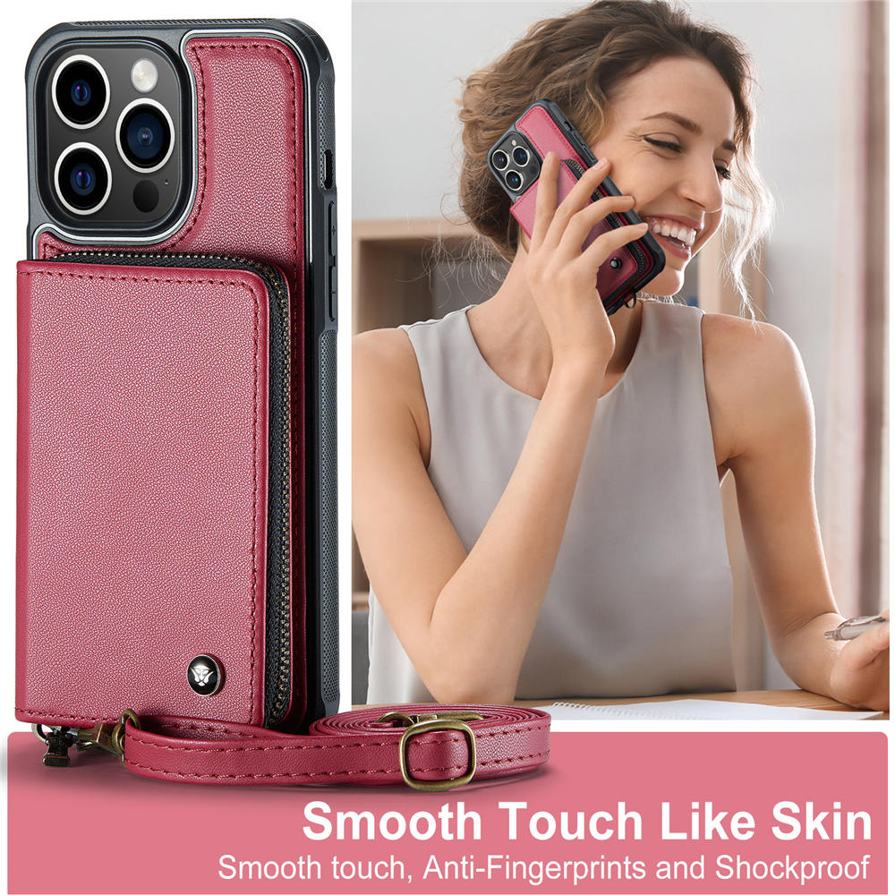 JEEHOOD iPhone 14 Pro Zipper Purse Case with Wrist Strap