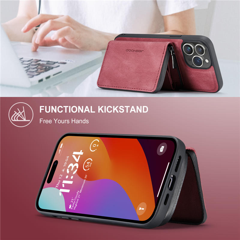 JEEHOOD iPhone 15 Pro Detachable 2-in-1 Zipper Wallet Case
