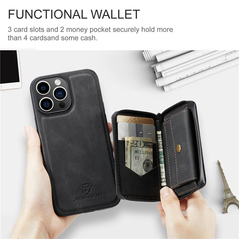 JEEHOOD iPhone 15 Pro Detachable 2-in-1 Zipper Wallet Case