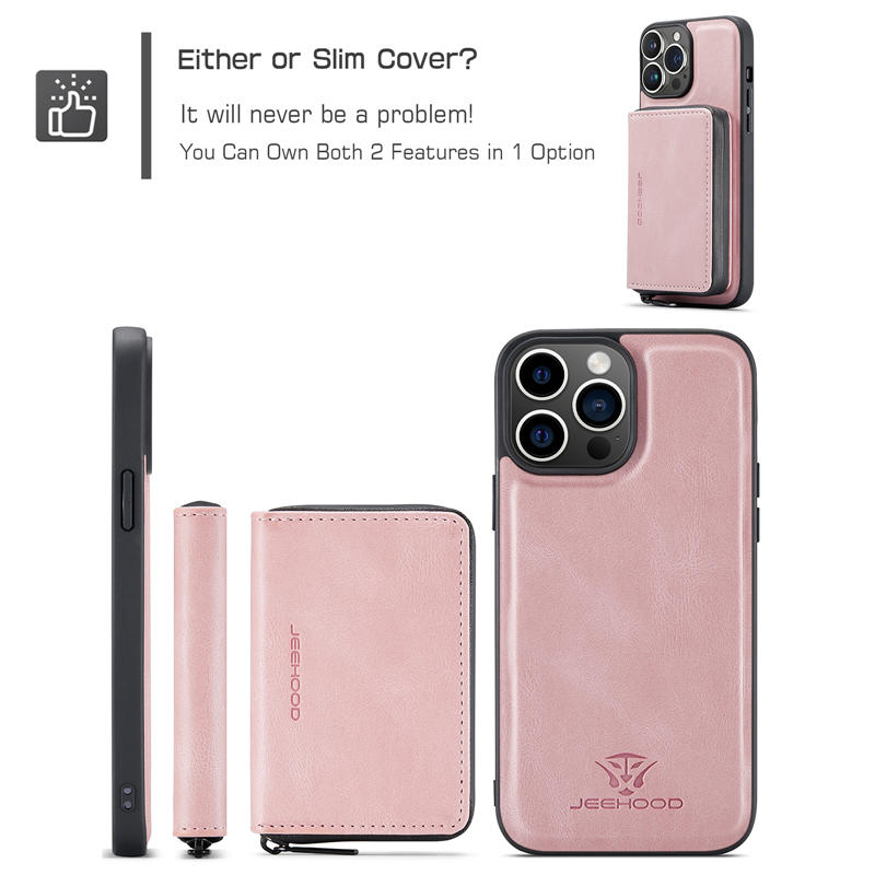 JEEHOOD iPhone 15 Pro Detachable 2-in-1 Zipper Wallet Case