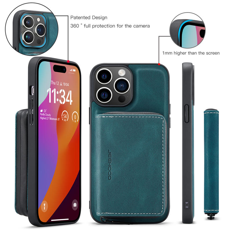 JEEHOOD iPhone 15 Pro Detachable 2-in-1 Zipper Wallet Case