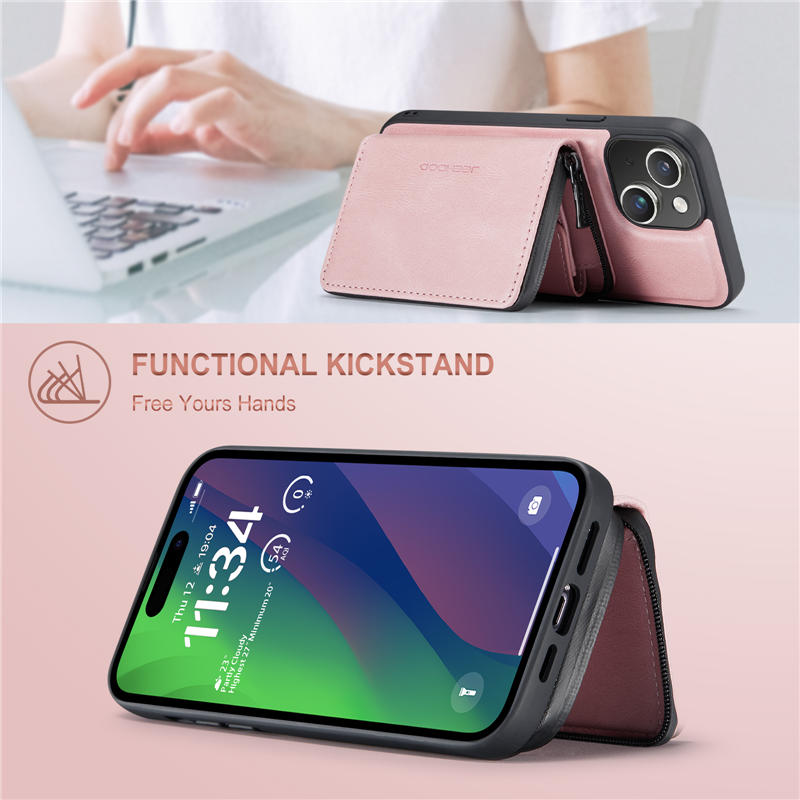 JEEHOOD iPhone 15 Plus Detachable 2-in-1 Zipper Wallet Case