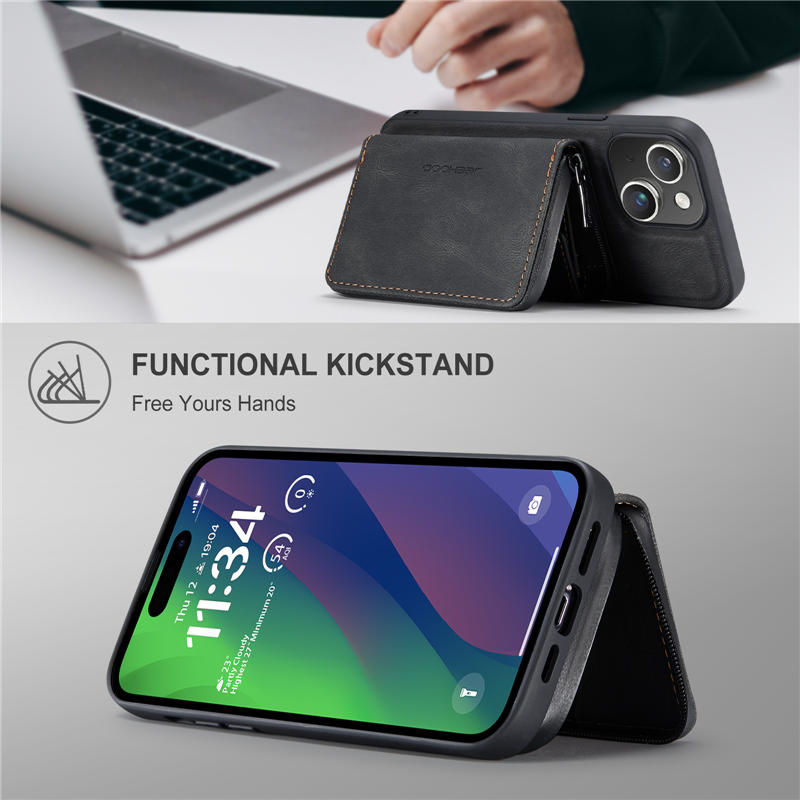 JEEHOOD iPhone 15 Detachable 2-in-1 Zipper Wallet Case