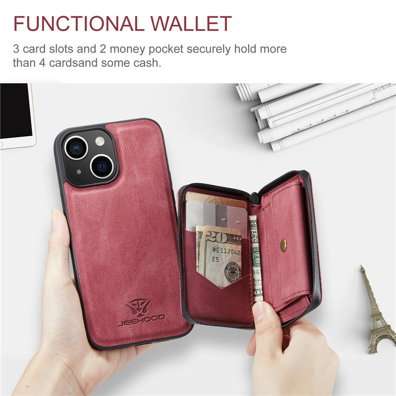JEEHOOD iPhone 15 Plus Detachable 2-in-1 Zipper Wallet Case
