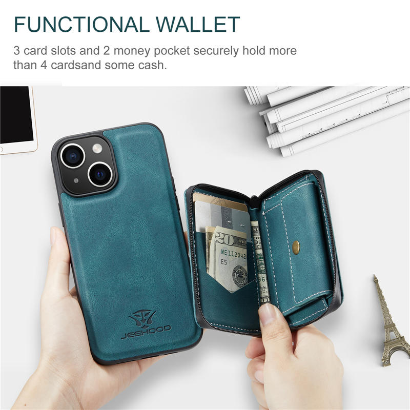 JEEHOOD iPhone 15 Detachable 2-in-1 Zipper Wallet Case