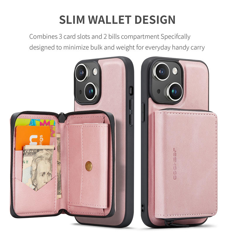 JEEHOOD iPhone 15 Detachable 2-in-1 Zipper Wallet Case