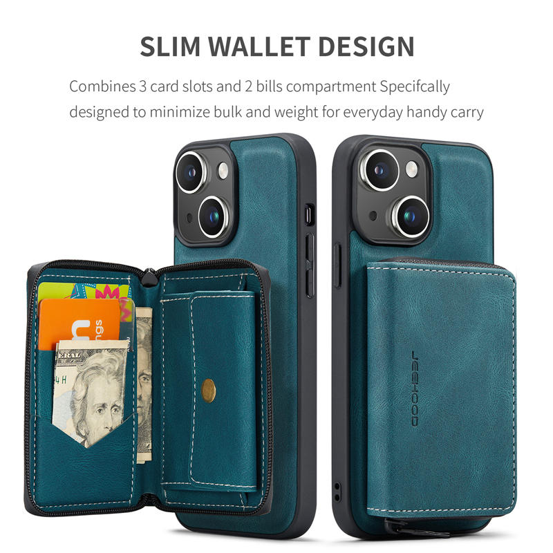 JEEHOOD iPhone 15 Plus Detachable 2-in-1 Zipper Wallet Case