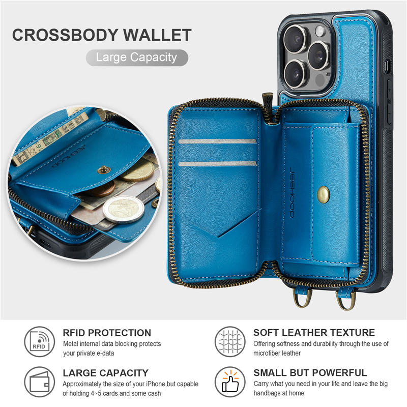 JEEHOOD iPhone 15 Pro Max Zipper Wallet RFID Blocking Case with Wrist Strap