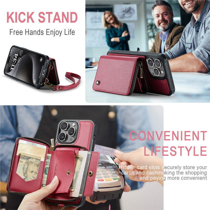 JEEHOOD iPhone 15 Pro Zipper Wallet RFID Blocking Case with Wrist Strap