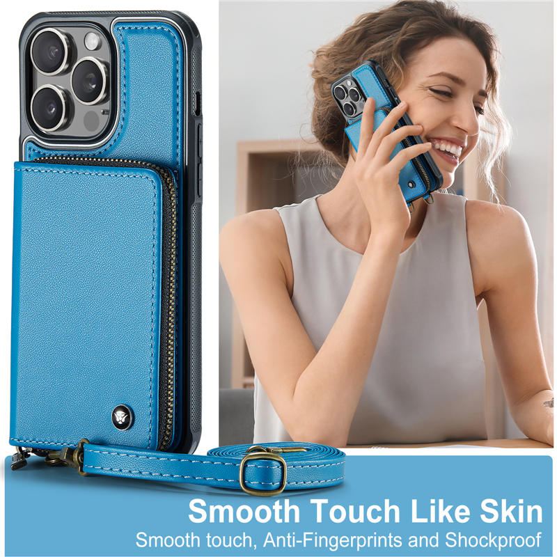 JEEHOOD iPhone 15 Pro Zipper Wallet RFID Blocking Case with Wrist Strap