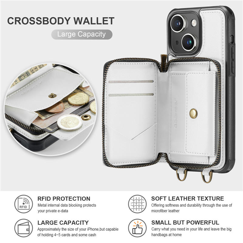 JEEHOOD iPhone 15 Plus Zipper Wallet RFID Blocking Case with Wrist Strap