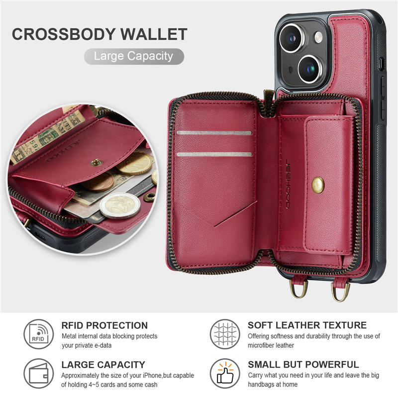 JEEHOOD iPhone 15 Zipper Wallet RFID Blocking Case with Wrist Strap