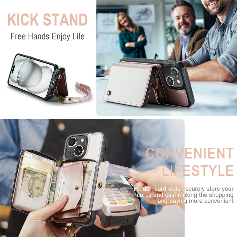 JEEHOOD iPhone 15 Zipper Wallet RFID Blocking Case with Wrist Strap