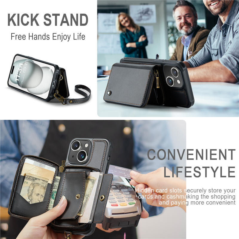 JEEHOOD iPhone 15 Plus Zipper Wallet RFID Blocking Case with Wrist Strap