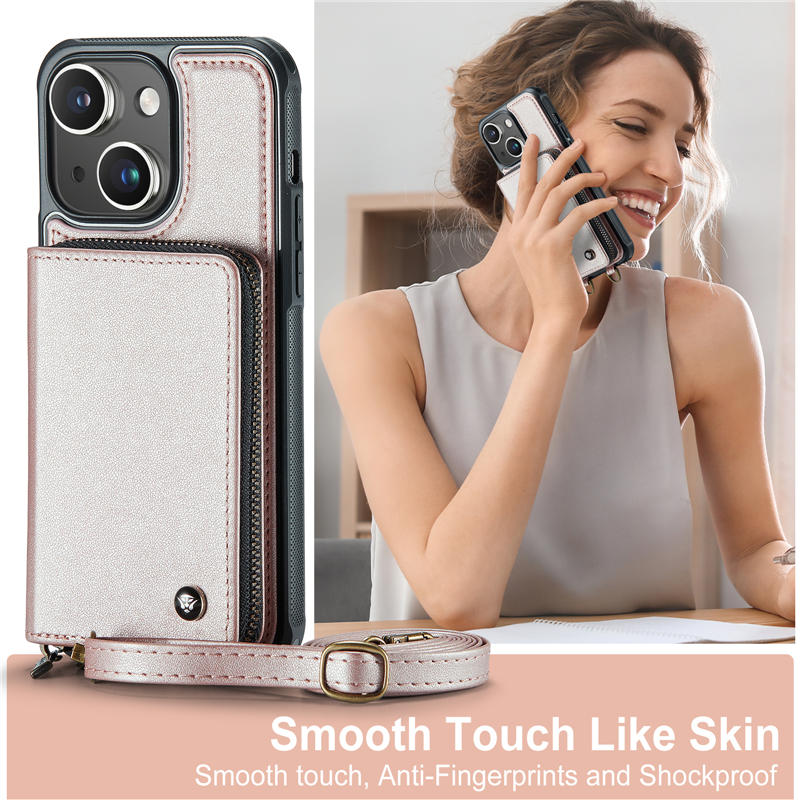 JEEHOOD iPhone 15 Plus Zipper Wallet RFID Blocking Case with Wrist Strap