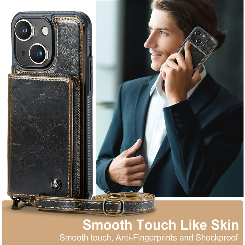 JEEHOOD iPhone 15 Zipper Wallet RFID Blocking Case with Wrist Strap