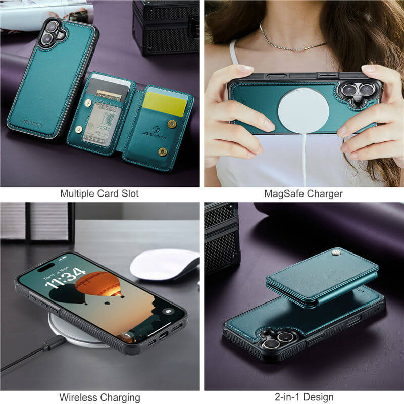 JEEHOOD iPhone 16 Magnetic 2-in-1 Wallet RFID-blocking Case