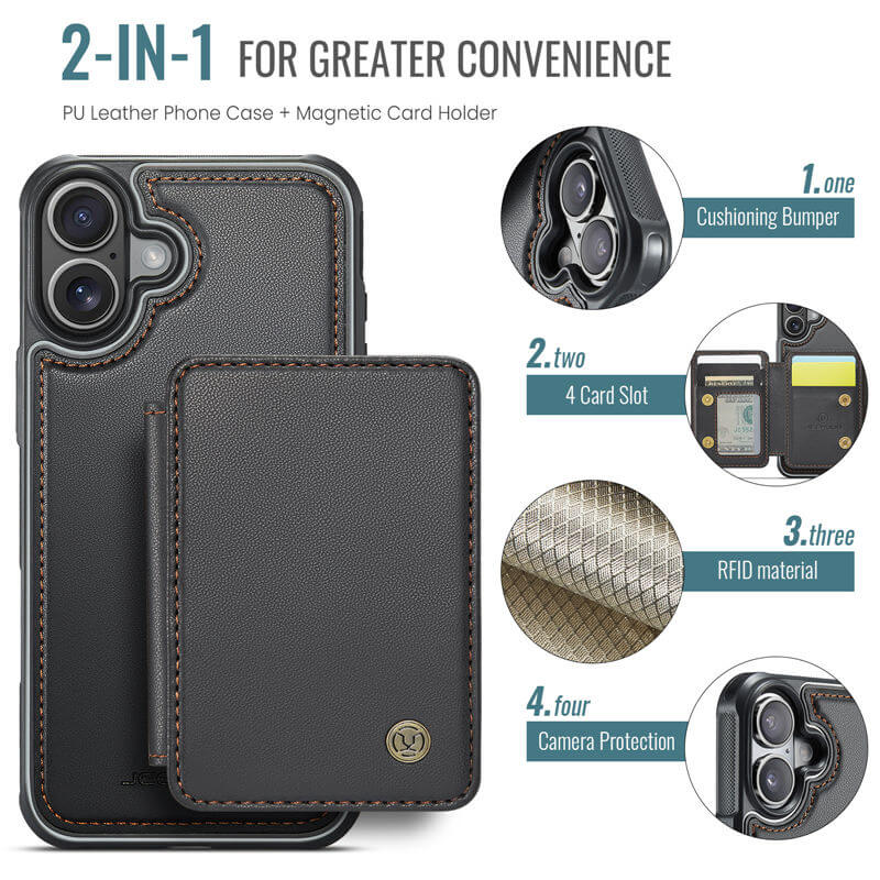 JEEHOOD iPhone 16 Plus Magnetic 2-in-1 Wallet RFID-blocking Case
