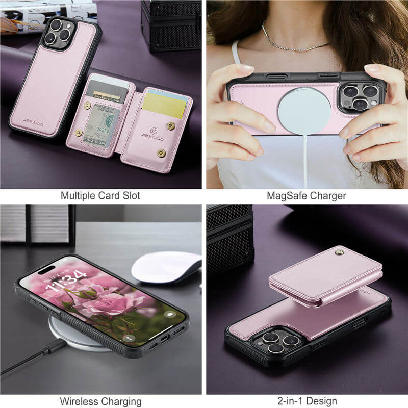 JEEHOOD iPhone 16 Pro Magnetic 2-in-1 Wallet RFID-blocking Case