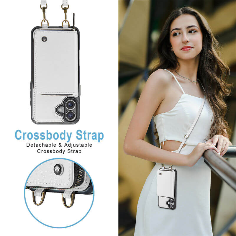 JEEHOOD iPhone 16 Zipper Wallet RFID Blocking Case with Wrist Strap