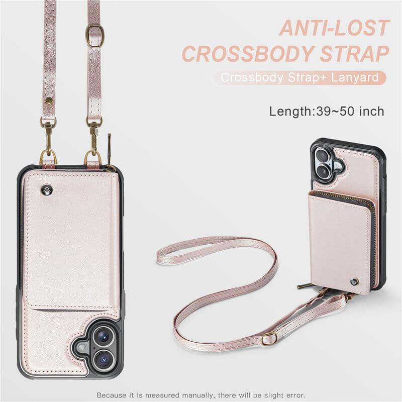 JEEHOOD iPhone 16 Plus Zipper Wallet RFID Blocking Case with Wrist Strap