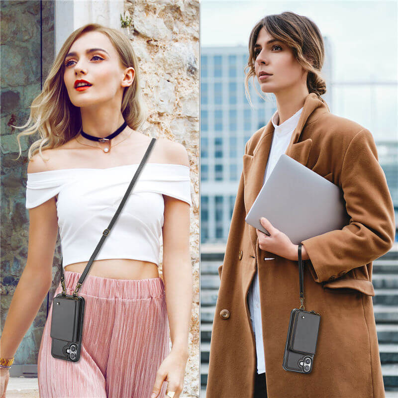 JEEHOOD iPhone 16 Zipper Wallet RFID Blocking Case with Wrist Strap