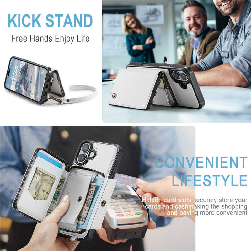 JEEHOOD iPhone 16 Plus Zipper Wallet RFID Blocking Case with Wrist Strap