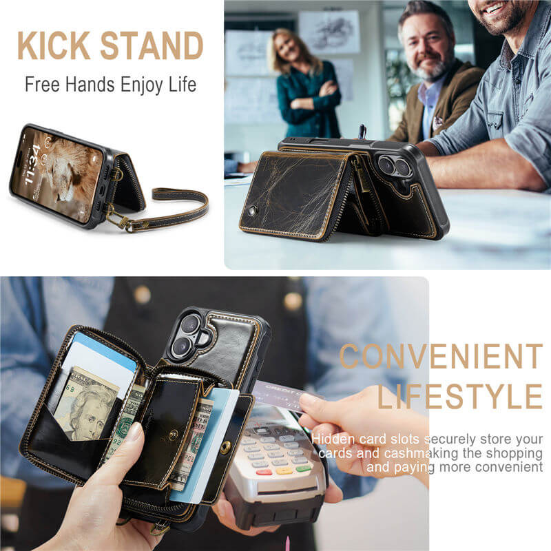 JEEHOOD iPhone 16 Zipper Wallet RFID Blocking Case with Wrist Strap