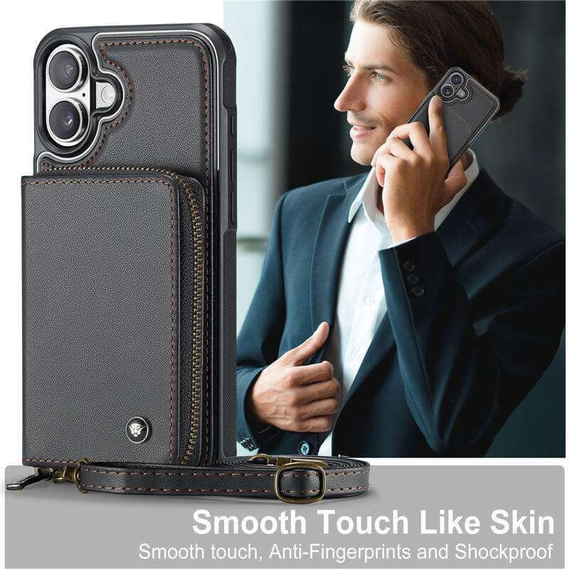 JEEHOOD iPhone 16 Zipper Wallet RFID Blocking Case with Wrist Strap