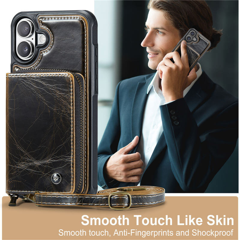 JEEHOOD iPhone 16 Plus Zipper Wallet RFID Blocking Case with Wrist Strap